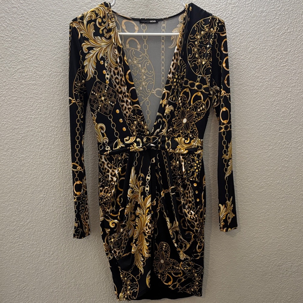 Fashion Nova Black and Gold Chain Print Dress